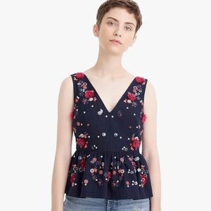 J.Crew 2 Navy Floral Embellished Peplum Cotton Linen Boho Preppy Top Blouse